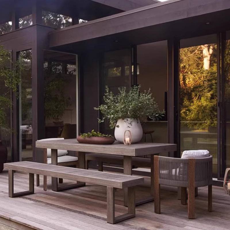 Mesa y silla de teca al aire libre jardín al aire libre patio ocio madera maciza impermeable y protector solar nórdico silla de ratana muebles combinados