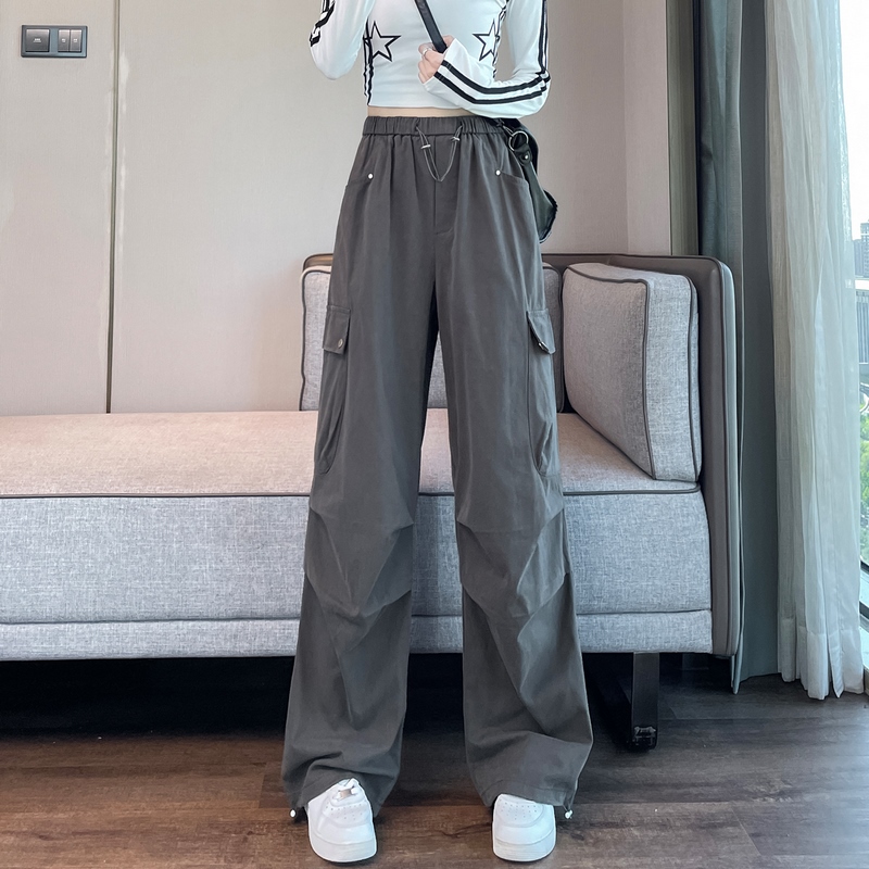 安可拉红工装裤女春秋2025新款高腰显瘦休闲宽松抽绳运动阔腿裤潮|undefined