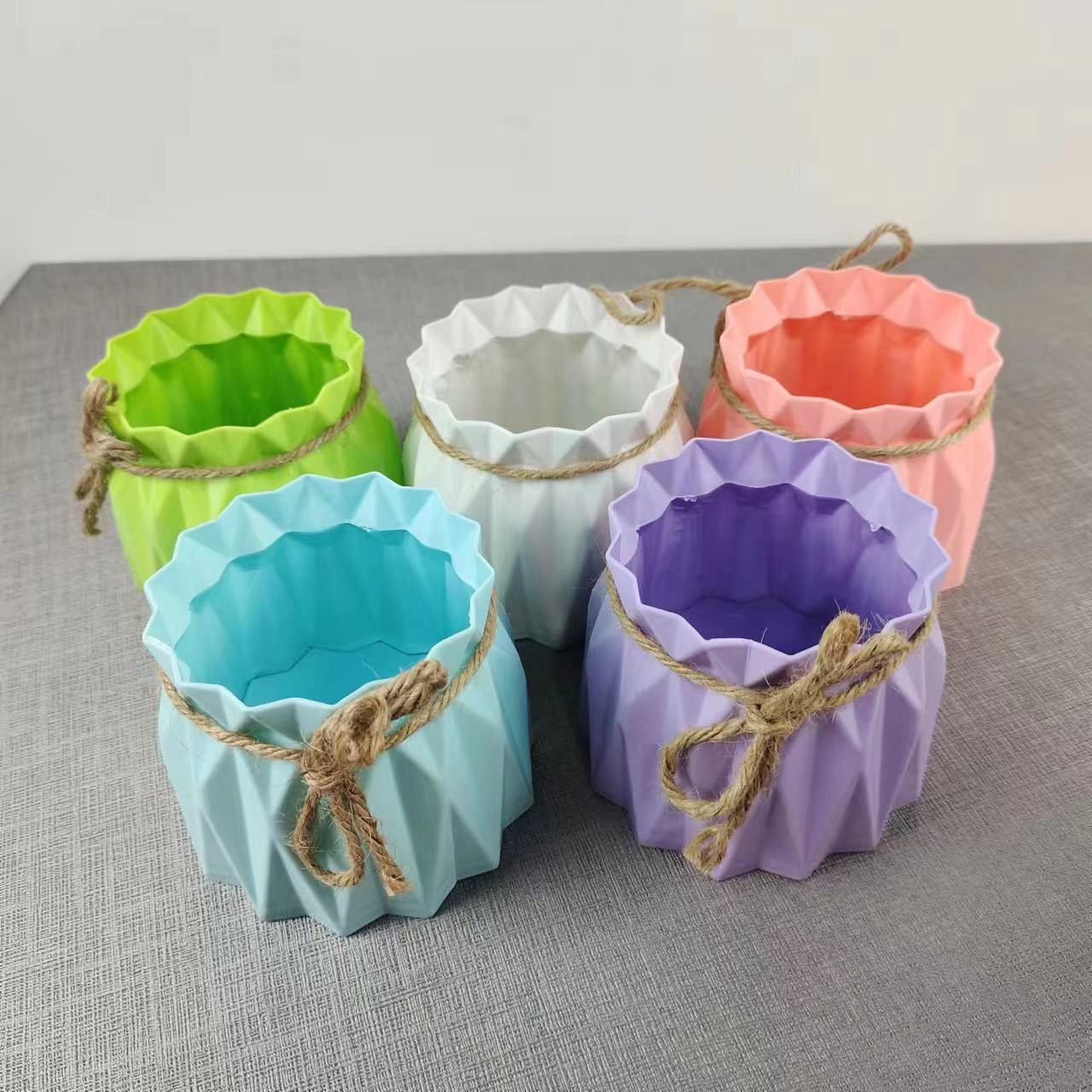 Wholesale Plastic Flower Pots Macaron Origami Hemp Rope Flower Arrangement Fresh Flower Container Indoor Vase Ins Succulent Pot
