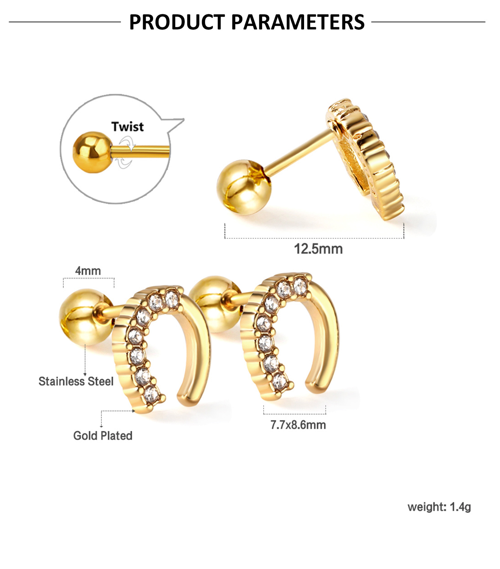 1 Paire Style Simple Forme En U Incruster Acier Inoxydable Zircon Boucles D'oreilles display picture 1