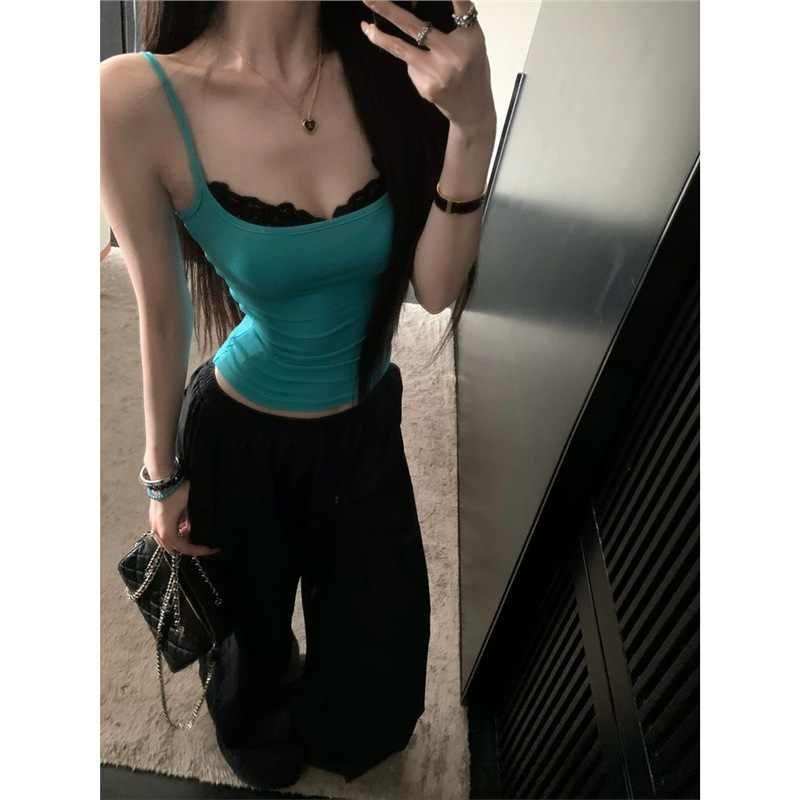 40-count pure cotton, flattering for all skin tones, with lace trim, turquoise green, waist-cinching, slimming, sexy, slim-fit women's summer tank top 40-count pure cotton, flattering for all skin tones, with lace trim, turquoise green, waist-cinching, slimming, sexy, slim-fit women's summer tank top