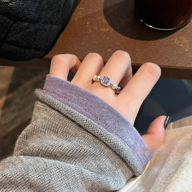 geometric elastic elegant ring with zircon pearl