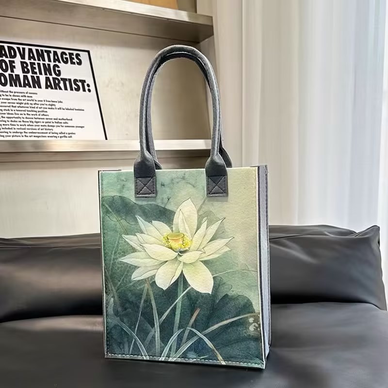 定制大容量毛毡包国风复古水墨画简约包通勤手提包便携手提袋收纳