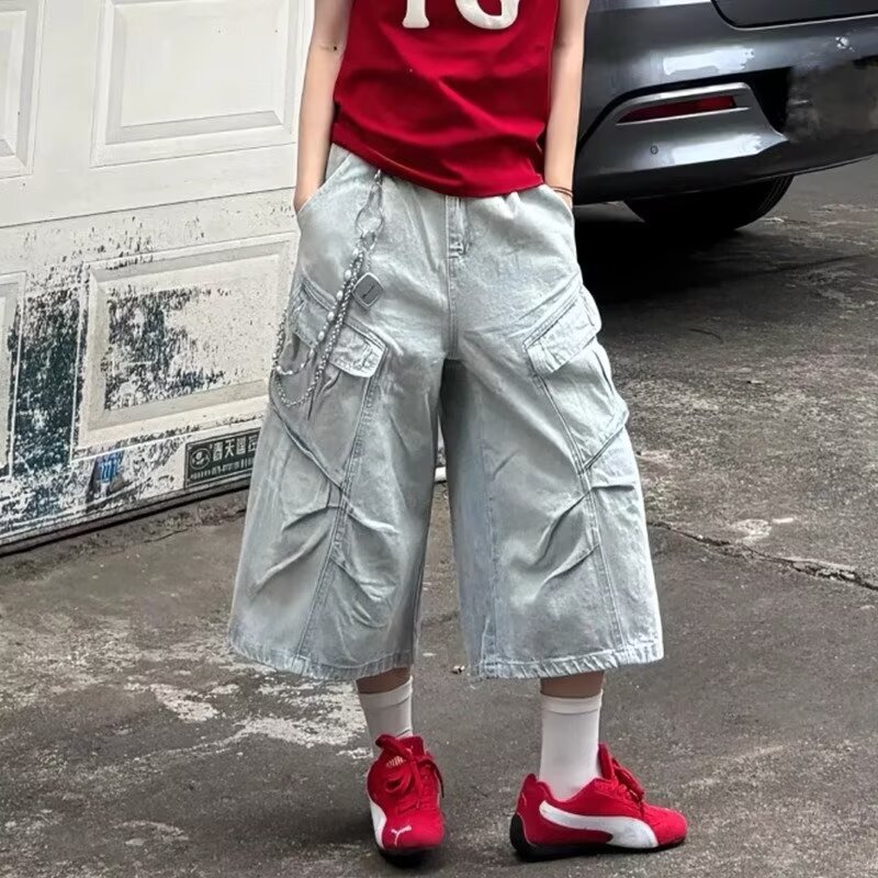 American Retro Pleated Design Tooling Cropped Pants Women's 2025 Summer Street Vibe Style Loose Wide Leg Denim Shorts