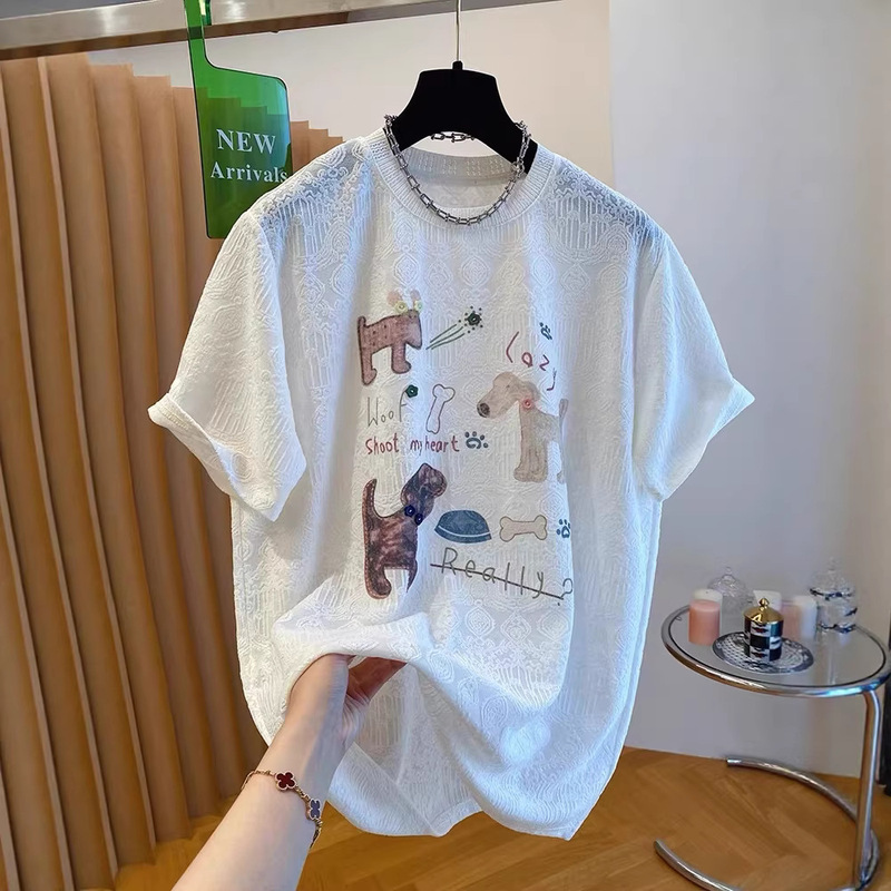 240 Jin Off-White Jacquard Short-Sleeve T-Shirt for Women, 2026 New Summer Loose Casual High-End Top
