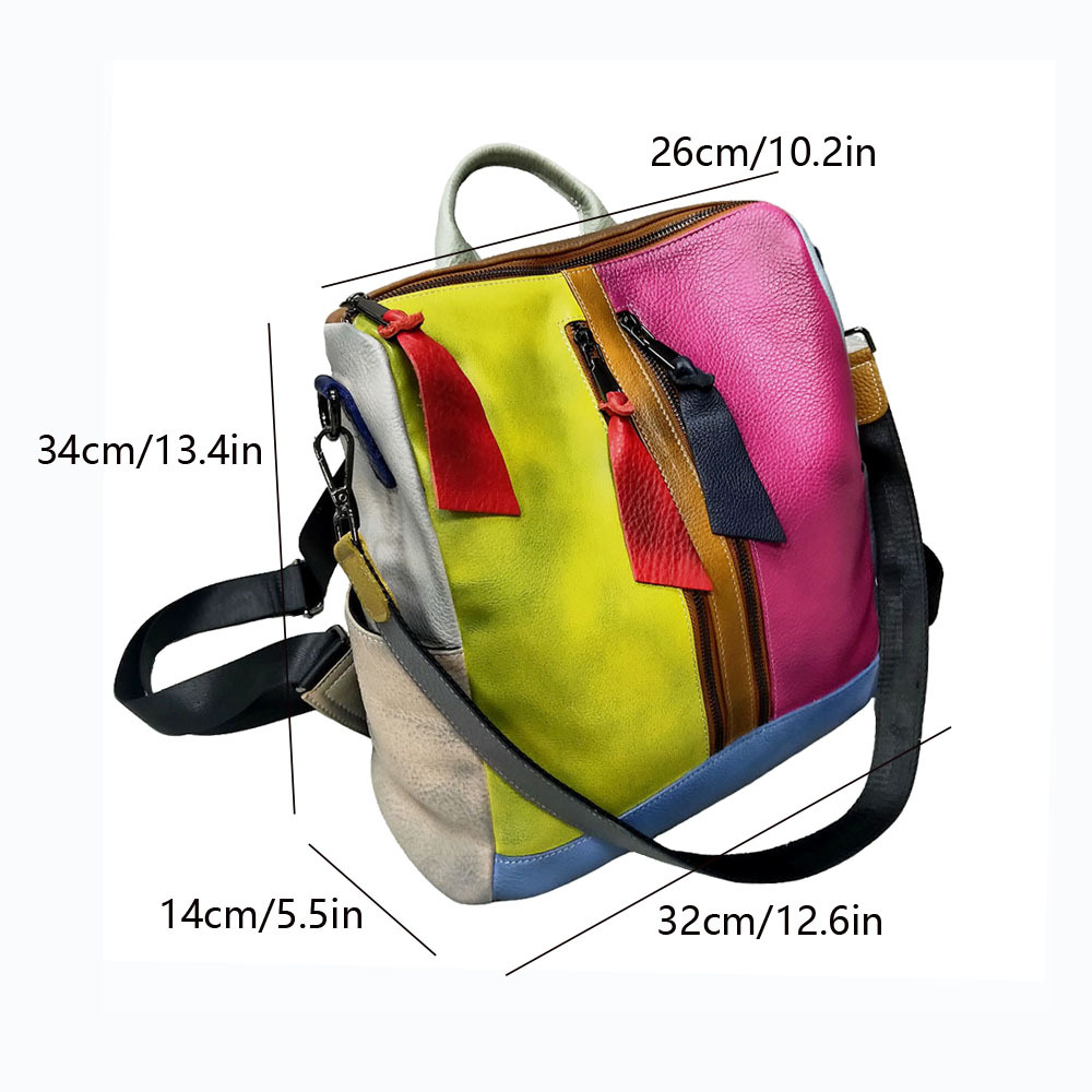 Leather Backpack With Colorful Cowhide Splicing, Single Shoulder Bag, Casual Backpack_voghion.com