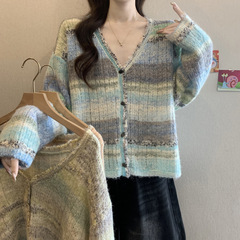 条纹长袖外套开衫2025秋季新款女装胖mm宽松显瘦女士针织衫A6692