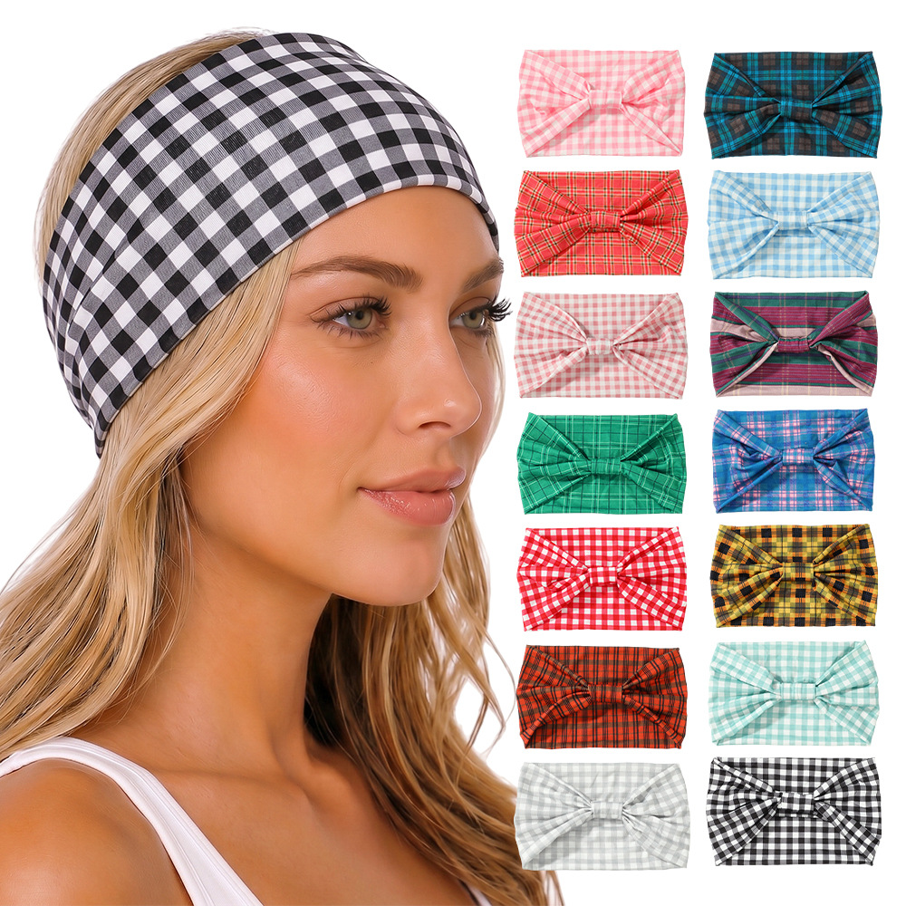 Cross-Border Plaid Wide-Brimmed Headband for Women, European and American Style Sports Headband, Non-Slip Face-Washing Headband, Fashionable Versatile Headscarf