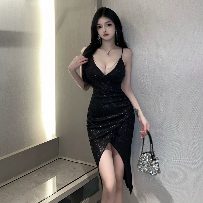 Фабричный магазин, новинка 2023 года, нижнее белье с глубоким V-образным вырезом и блестками, темпераментное тонкое платье для горячих девушек 5442