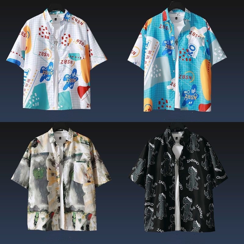 Hawaiian Flower Shirt, Hong Kong Style Loose Trendy Versatile Slouchy Couple Short Sleeve Blouse, Japanese Seaside Flower Shirt