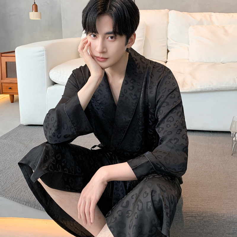 High-End Green Fruit Robe, Masculine Black Jacquard Leopard Print Pajamas, Ice Silk Home Clothes, Nightgown, Men's Luxury Long Sleeves