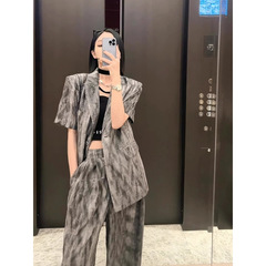 2025夏装新款休闲时尚水墨画短袖西装女气质显瘦高腰阔腿裤两件套