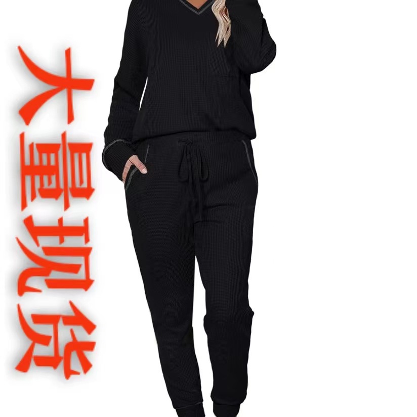Spot Cross-border European and American Export Women's Home Clothes Set Waffle Long-sleeved Top Drawstring Pants for Women