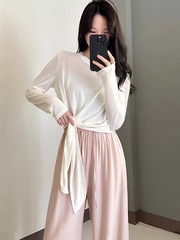 不规则绑带圆领薄款长袖t恤女2025新款夏季宽松防晒罩衫上衣