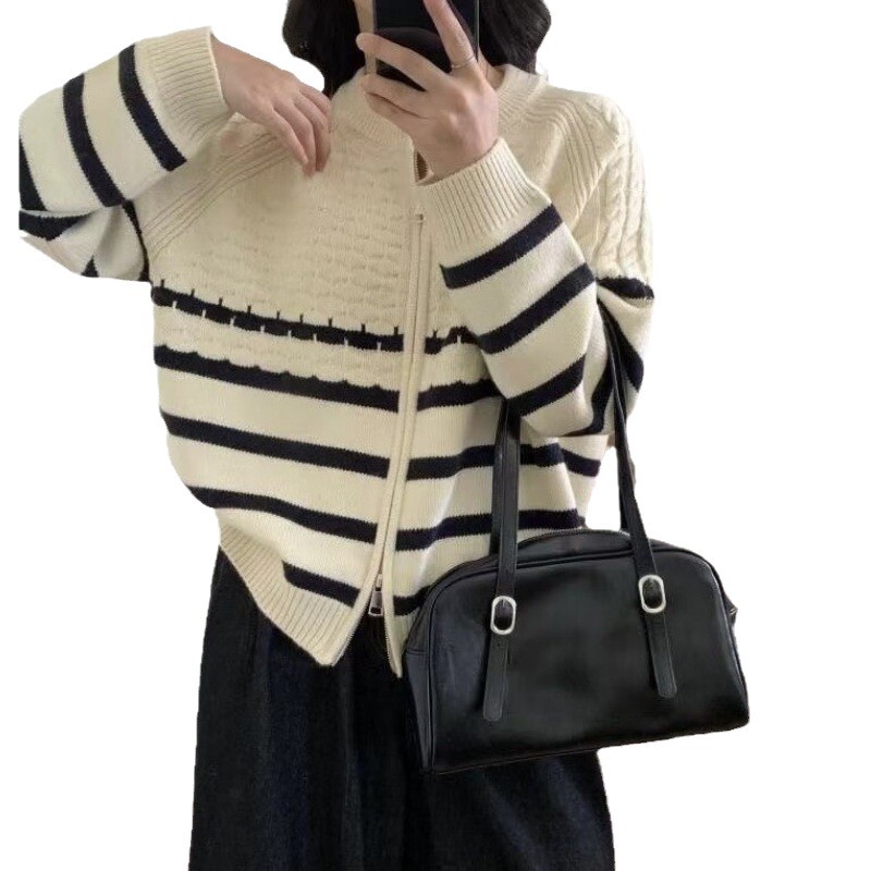 2025 otoño y invierno nuevo color contrastante rayas de doble cremallera cardigan de punto de mujer versión coreana universal suéter de manga corta larga suelta image 6