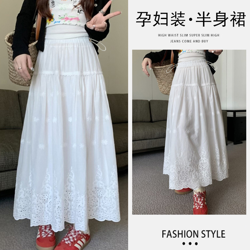 High-Quality Maternity Skirt for Early Autumn, Korean-Style Lace Heavy-Duty Crochet Embroidery Skirt, Women's White A-Line Long Skirt