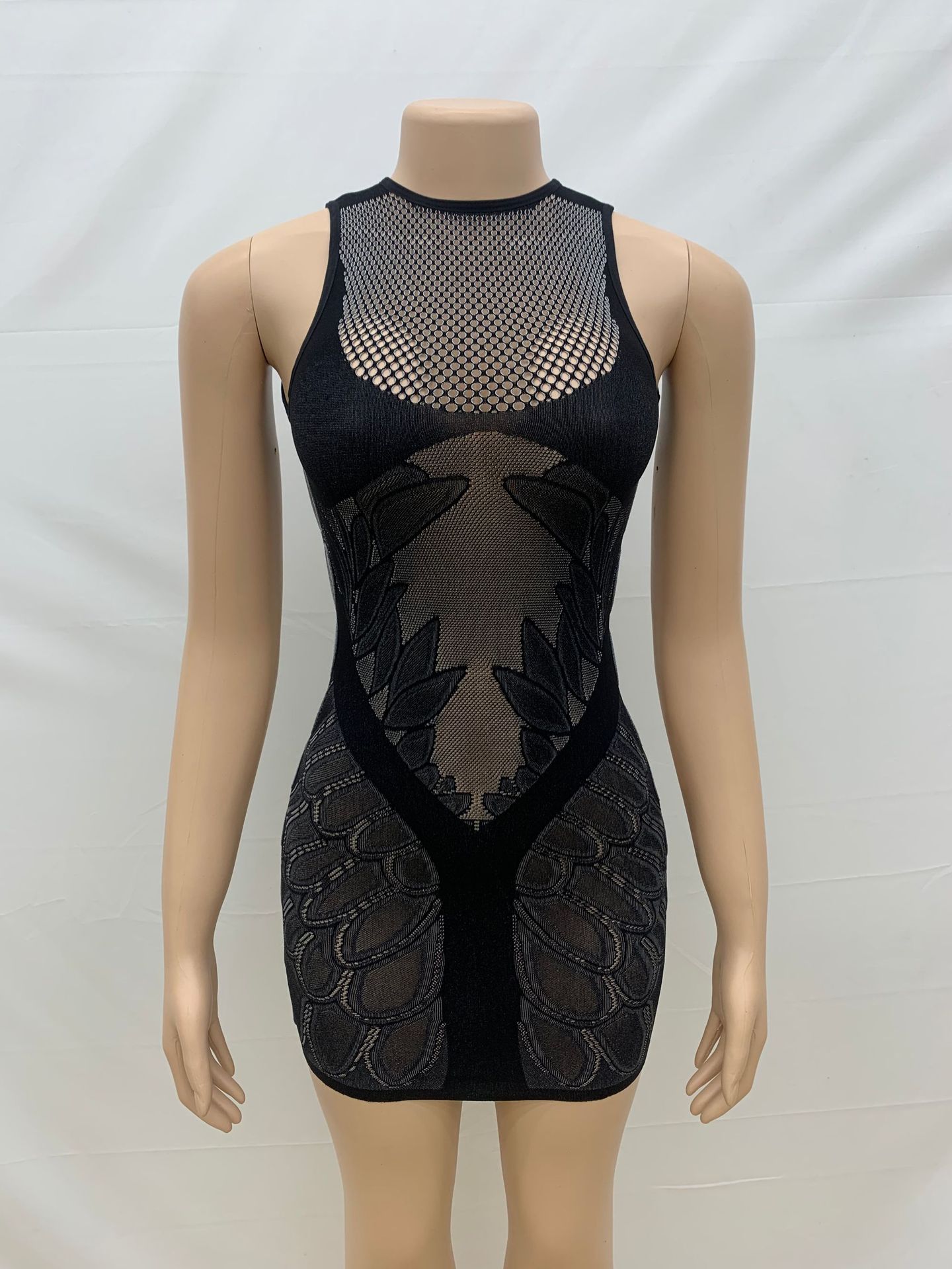 Round Neck Sleeveless Solid Color Slim Fit Sexy See through Package Hip One Knit One Piece Top Dress