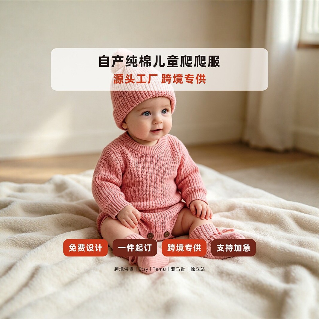 Cross-border pure cotton knitted baby romper set, autumn/winter baby sweater and jumpsuit, three-piece set, customizable