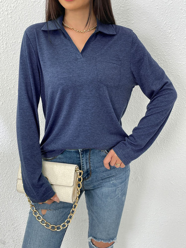 International Foreign Trade Amazon Independent Store Women's Spring and Autumn New Long Sleeve Simple Solid Color Collar Loose Pocket T-Shirt