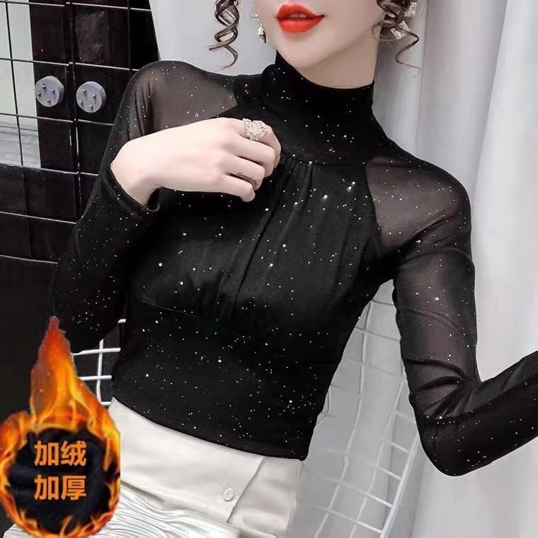 Fashionable Inner Wear 2025 Autumn and Winter New Style Women's High-Neck Bottoming Shirt with Stylish Long-Sleeved Mesh Lace