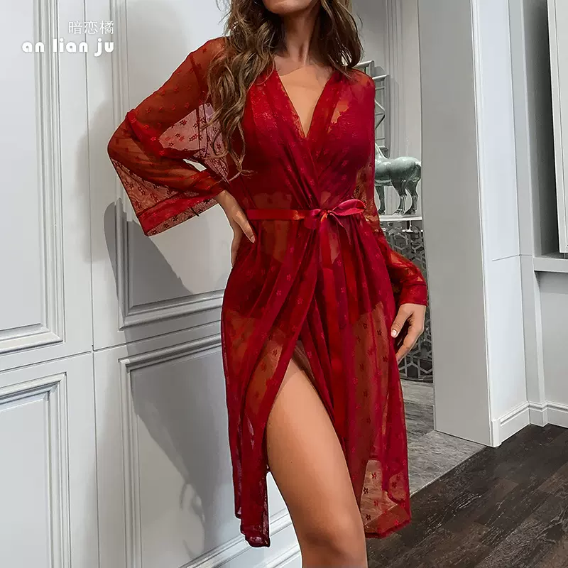 跨境外贸独立站性感网纱透视睡衣四件套长款外袍文胸内裤套装9076