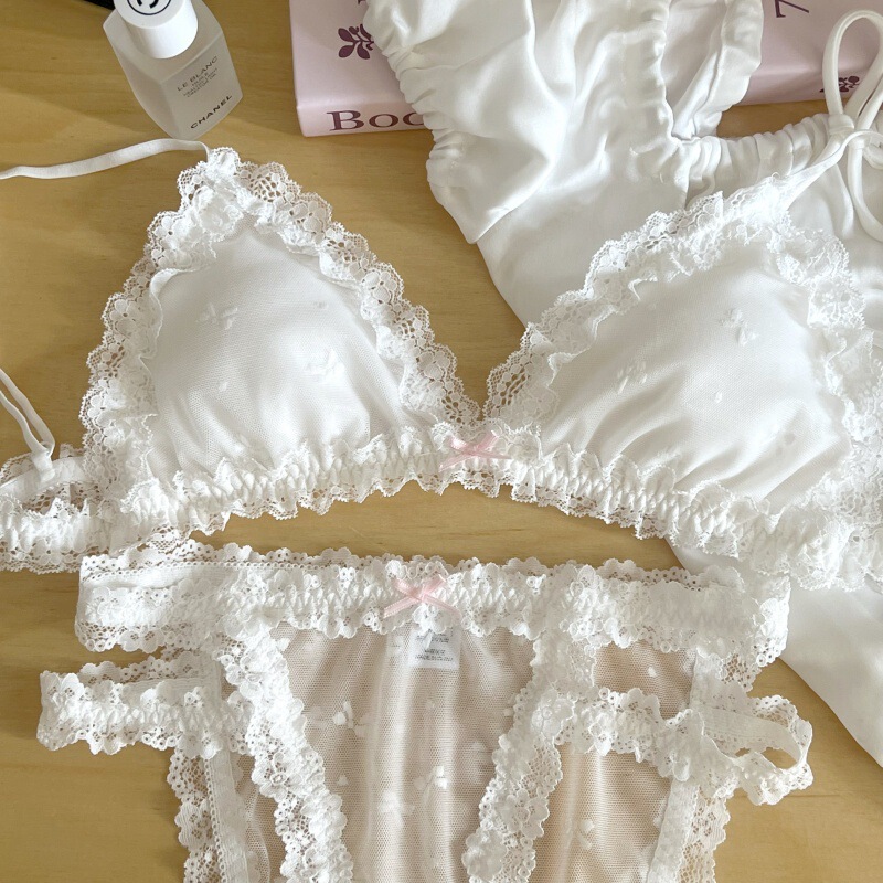 French Lace Elastic Mesh Women's Sexy Pure White Underwear Bra Set Small Breast Underwear Bra Cute