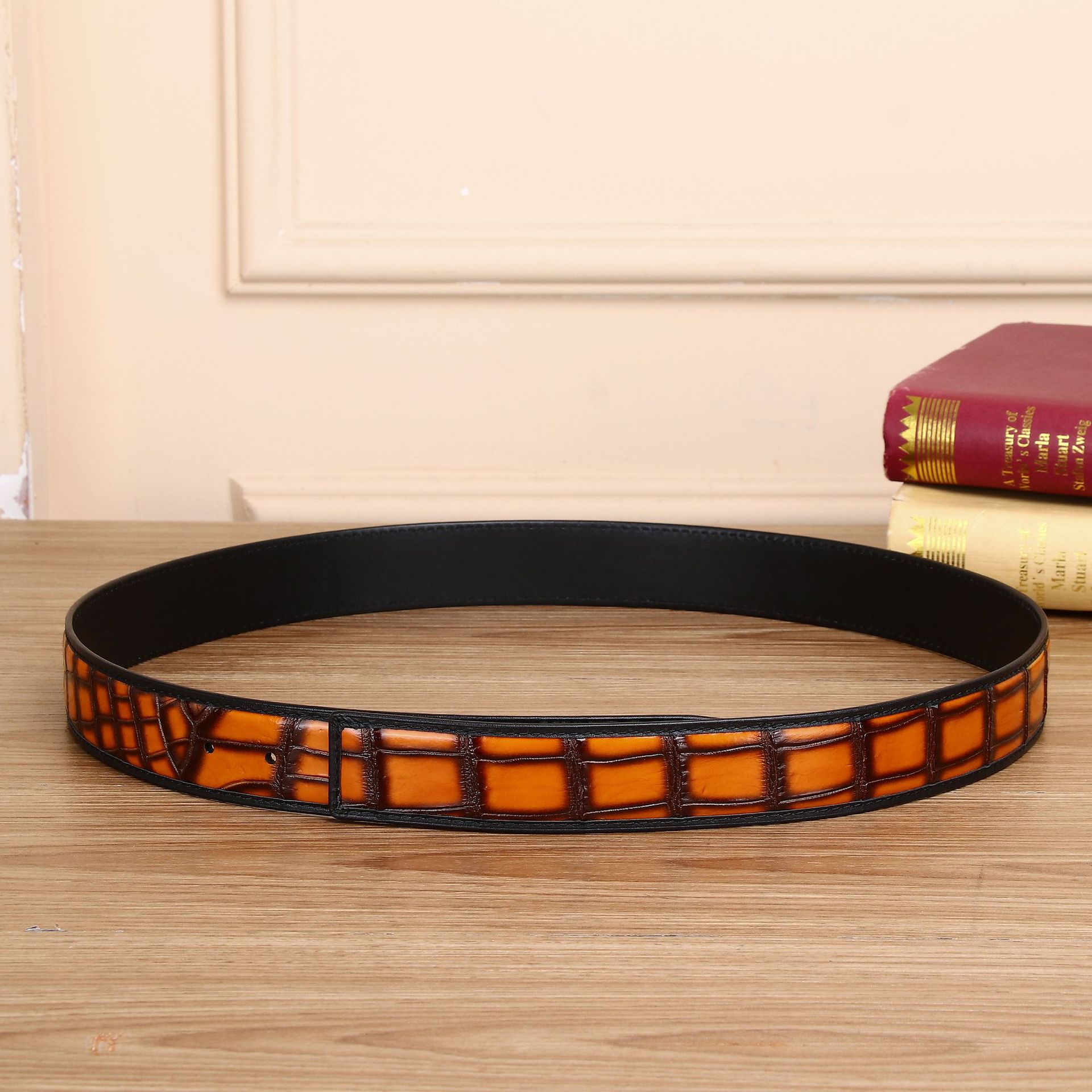 Thắt lưng da nam họa tiết vảy cá sấu cao cấp, khóa trơn, phong cách handmade — 120cm, 130cm, 110cm, 125cm chi tiết 1