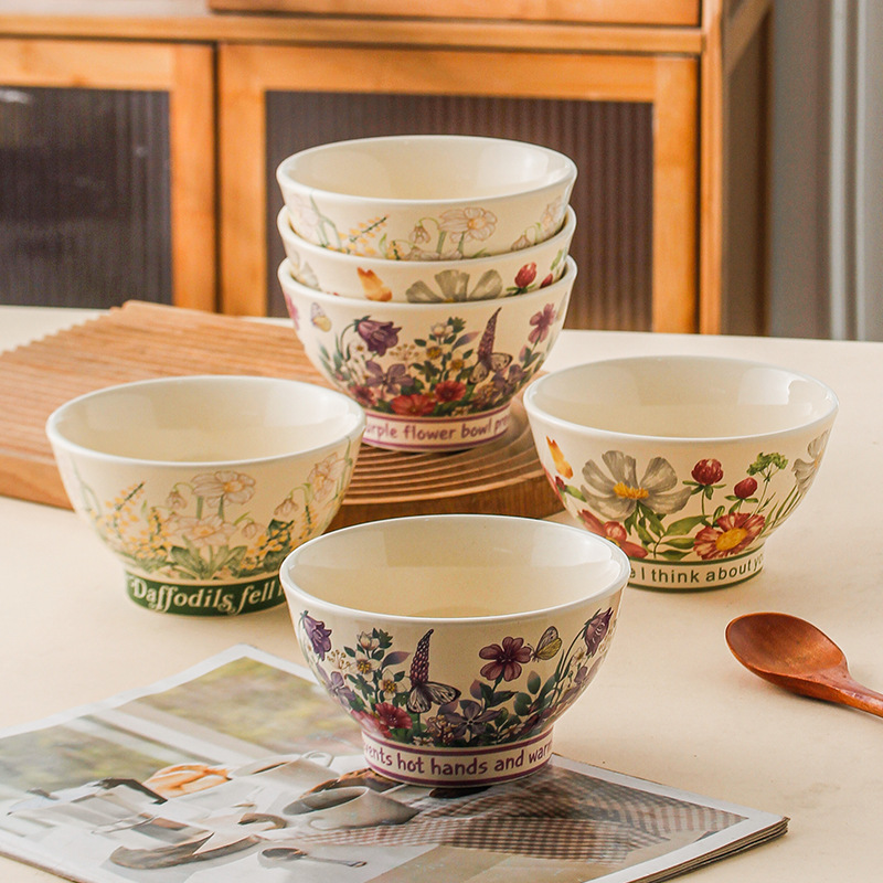 Orquídea de campana feliz lujosa doméstica ins viento cubiertos de arroz de pies altos tazón de fideos tazón de cerámica tazón de arroz de 5 pulgadas simple tazón