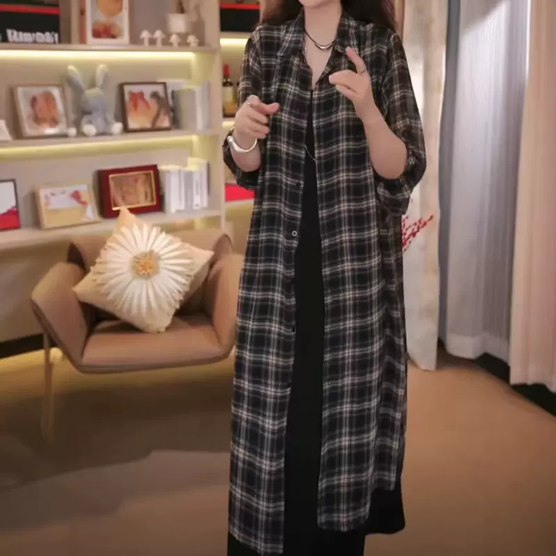 跨境外贸百搭宽松韩版格子过膝长款夏季防晒衬衫爆款复古遮肉上衣