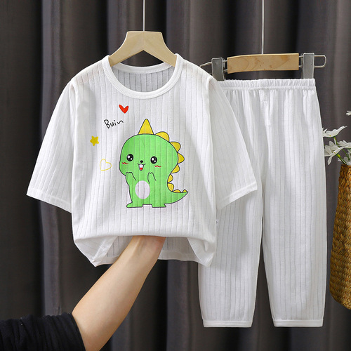  Summer Kids’ Pure Cotton Homewear Set: Boys’ and Girls’ Thin Pajamas with Breathable Three-Quarter Sleeves—Perfect for Baby’s Air-Conditioned Room Use