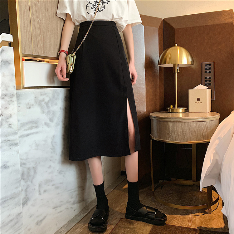 Women's Skirt Spring/Summer 2025 New Korean Style High-Waisted Slimming Drape Side-Slit Mid-Length Skirt Versatile A-Line Skirt