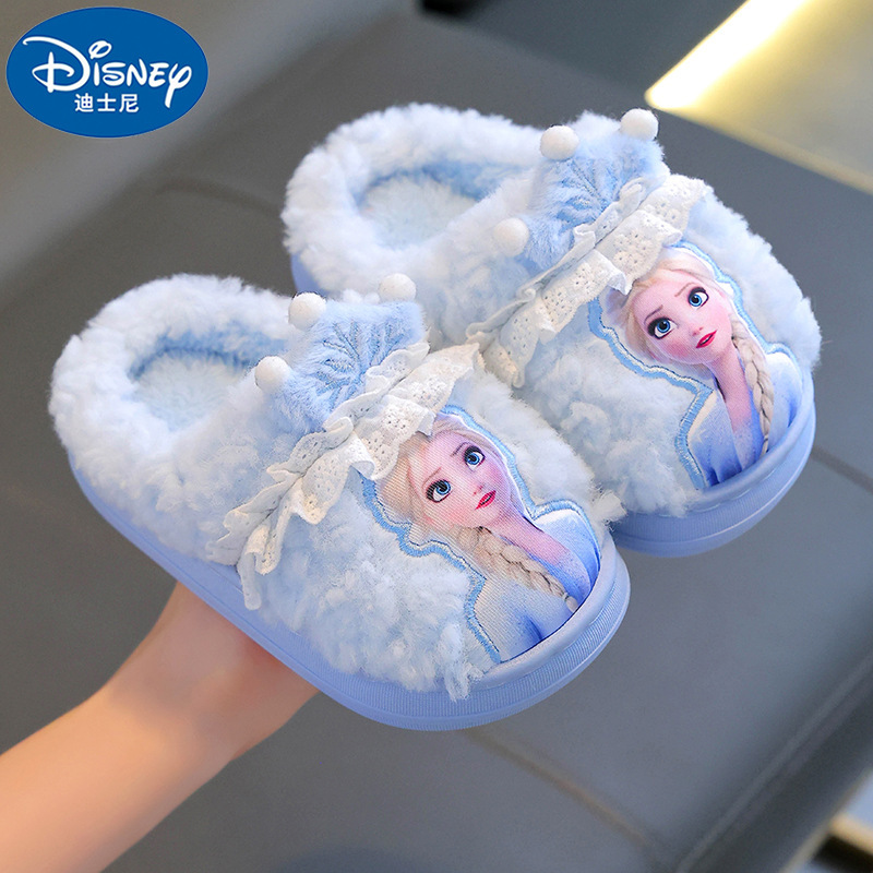 Disney children's cotton slippers, girls' winter princess Elsa indoor home slippers, non-slip, warm, and soft-soled plush slippers