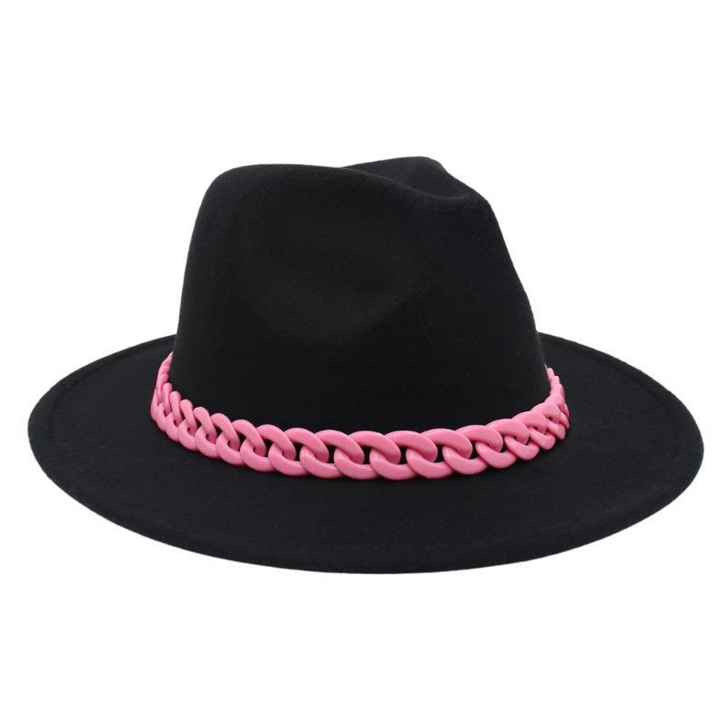 Party Occasion Woolen Material Unisex British Style Color Block Chain Chain Big Eaves Fedora Hat