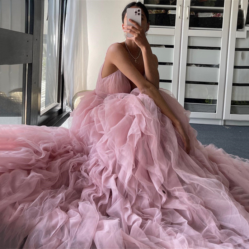 Irregular Suspender Evening Dress European and American Supply Dress Wedding Prom Photo Mesh Dress Long Skirt Wholesale