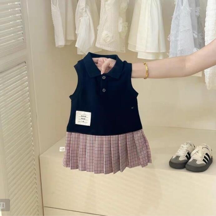 2026 Girls Summer Preppy Style Vest Dress Baby Plaid Dress Pleated Polo Dress Princess Dress