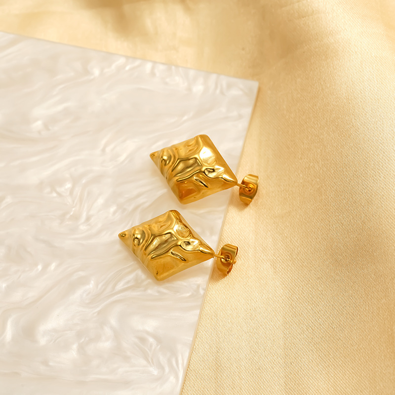 Gold Stainless Steel Hammered Prismatic Stud Earrings Minimalist_voghion.com