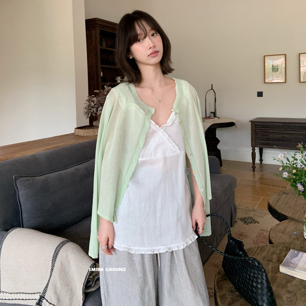 Áo khoác cardigan nữ dáng rộng tay dài chất liệu linen phối ren họa tiết hoa — xanh đậm, Xanh nước biển, trắng ngà, Dưa lưới