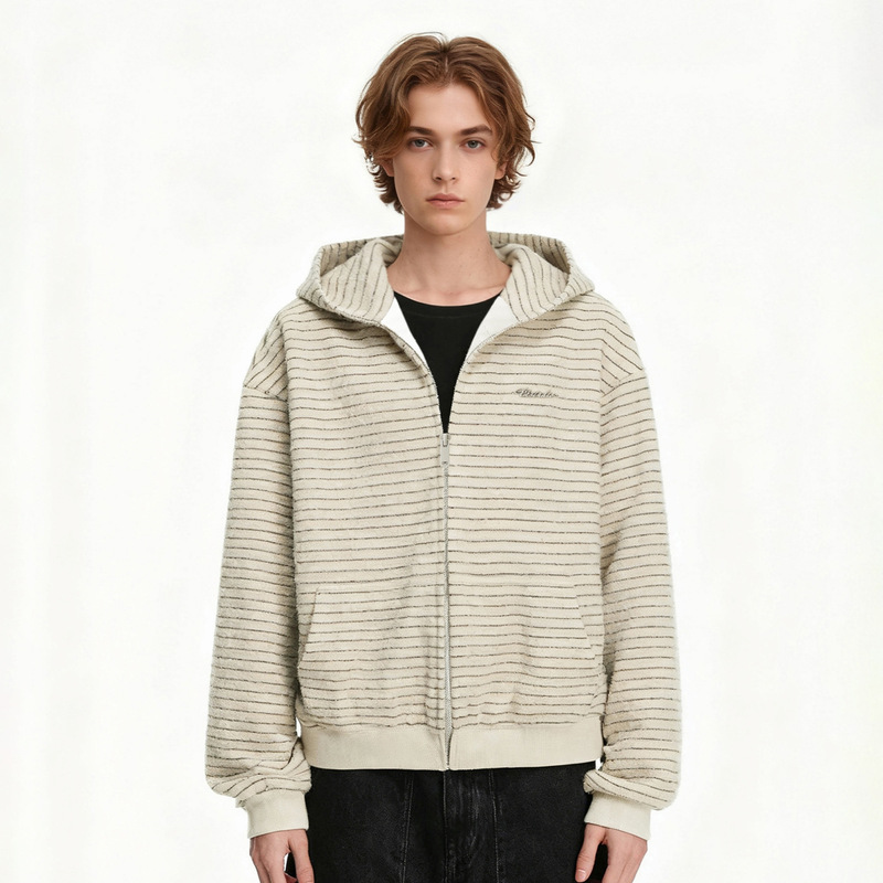 American-Style Trendy Brand Color-Block Striped Cardigan Hooded Sweatshirt Autumn and Winter Heavyweight Zipper Jacket Loose Versatile Hoodie Q