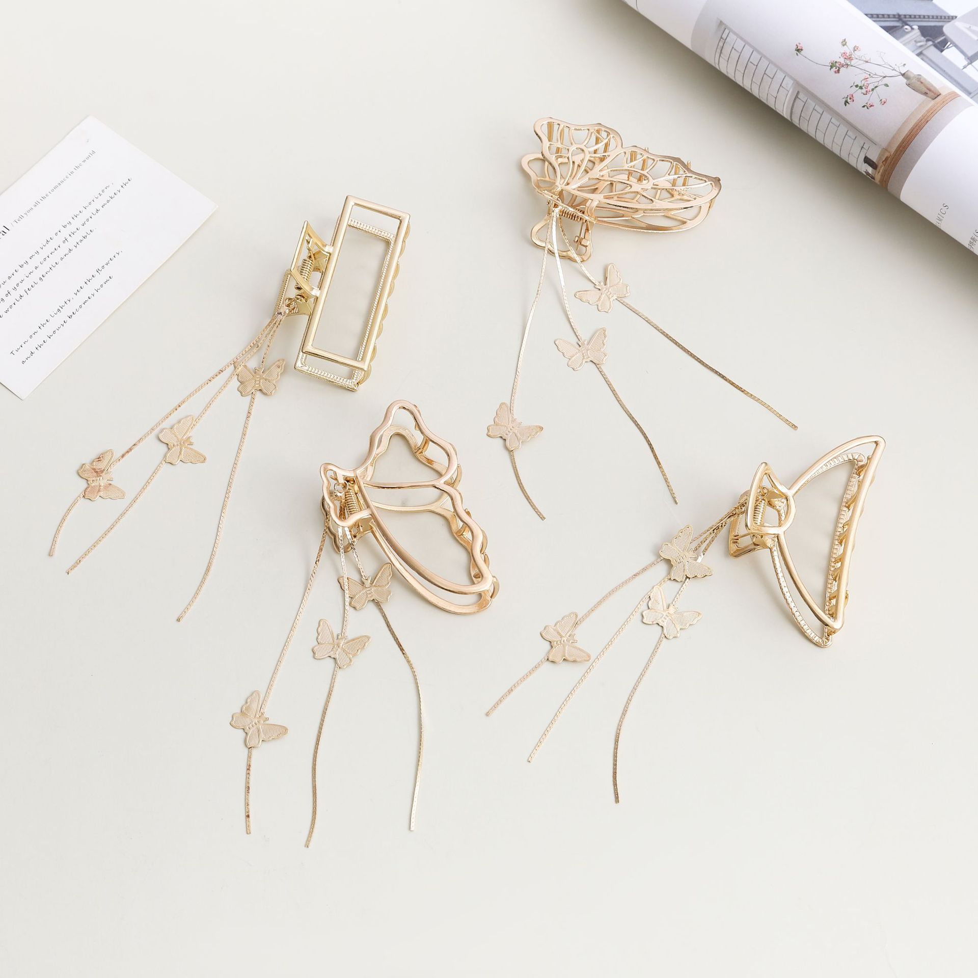 Super Gentle Butterfly Pendant Shark Clip Korean Style Elegant Adult Tassel Claw Clip Fashionable Back of the Head Claw Clip for Women