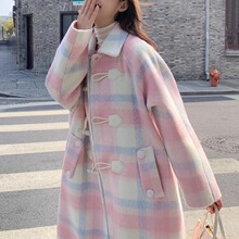 粉色格子毛呢大衣女2023秋冬新款韩版赫本风中长款呢子大衣外套女