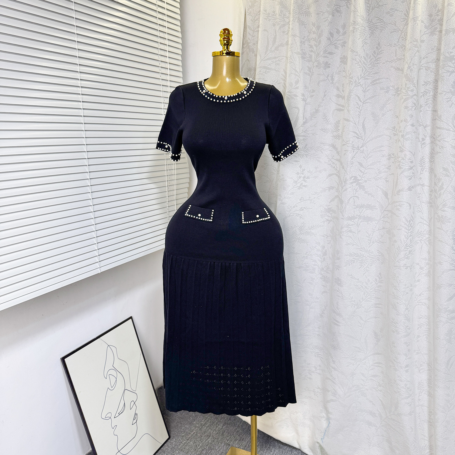 Women's French Style Beaded round Neck Short Sleeve Knit Dress Elegant Slimming Inner Sweater Dress_ecoleips.com