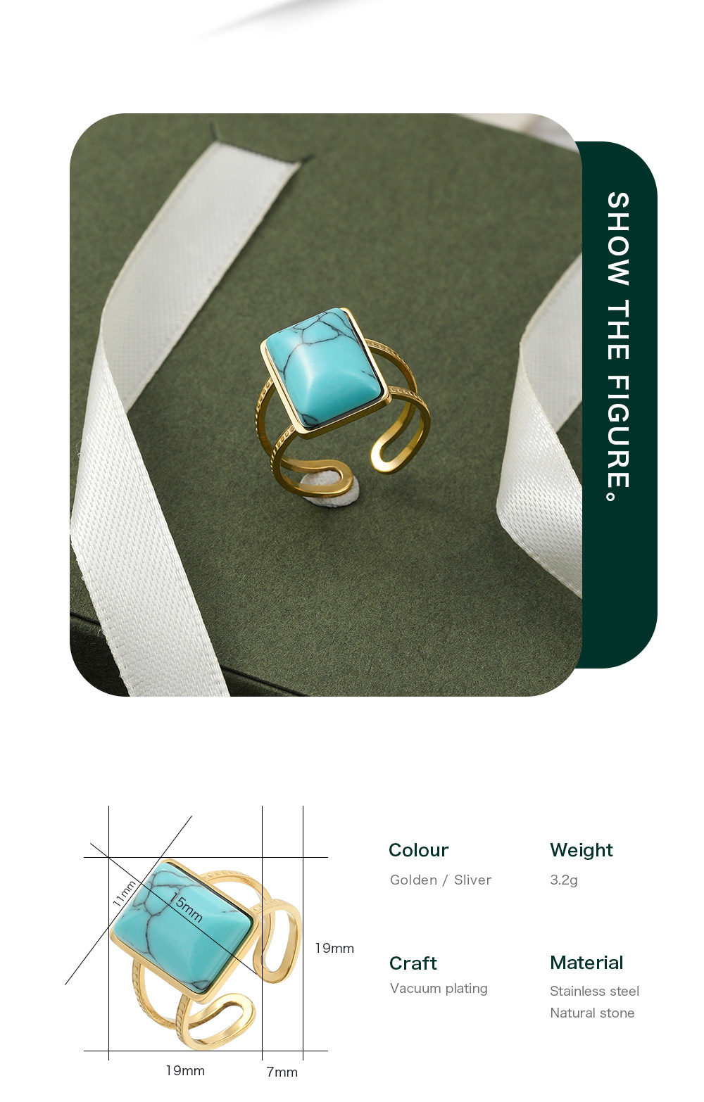 Retro Square Stainless Steel Open Ring Metal Turquoise Stainless Steel Rings