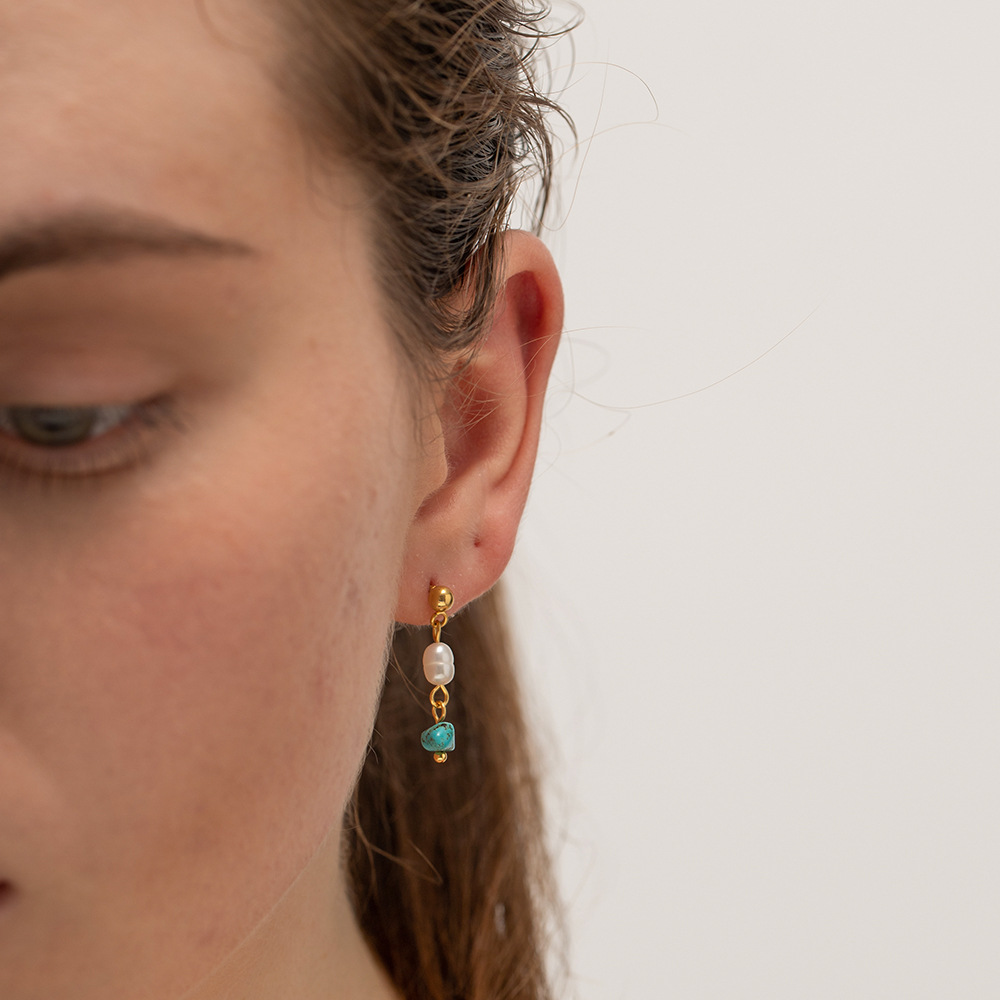 Elegant Simple Style Geometric 304 Stainless Steel Turquoise Freshwater Pearl Drop Earrings 1 Pair display picture 1
