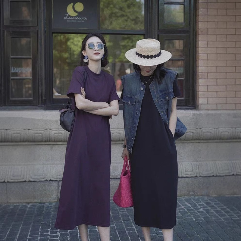 Luxurious Purple T-Shirt Dress, Extra-Long, Loose and Casual, Solid Color, Round Neck, Short-Sleeve T-Shirt, Summer T-Dress Wholesale