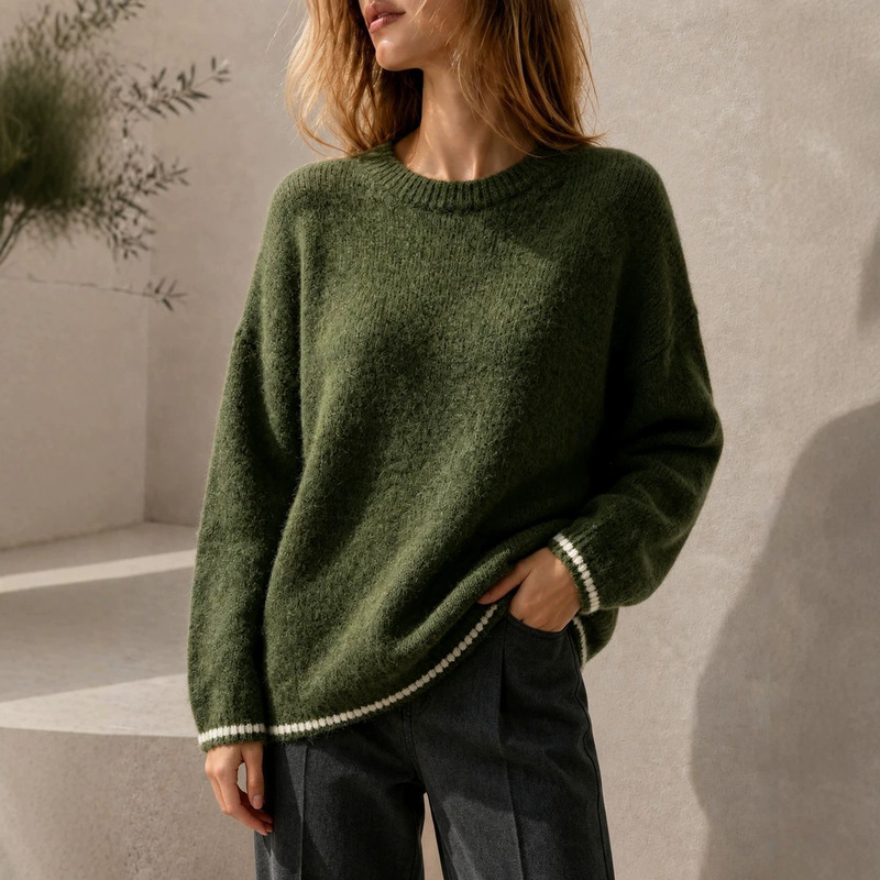 New autumn and winter loose-fitting slimming versatile knit sweater for women, European and American style, loose and casual, warm round-neck sweater New autumn and winter loose-fitting slimming versatile knit sweater for women, European and American style, loose and casual, warm round-neck sweater
