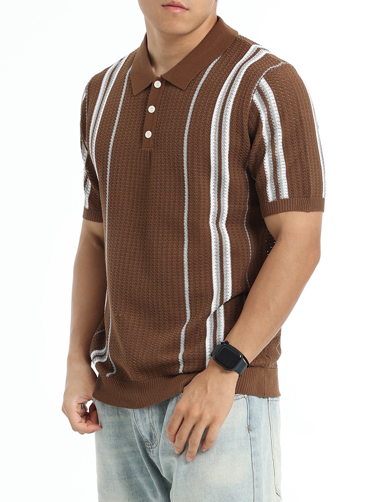 Vintage americano para hombres con rayas contrastantes de punto polo de hielo para hombres lujo ligero camiseta de lujo de alto nivel para hombres