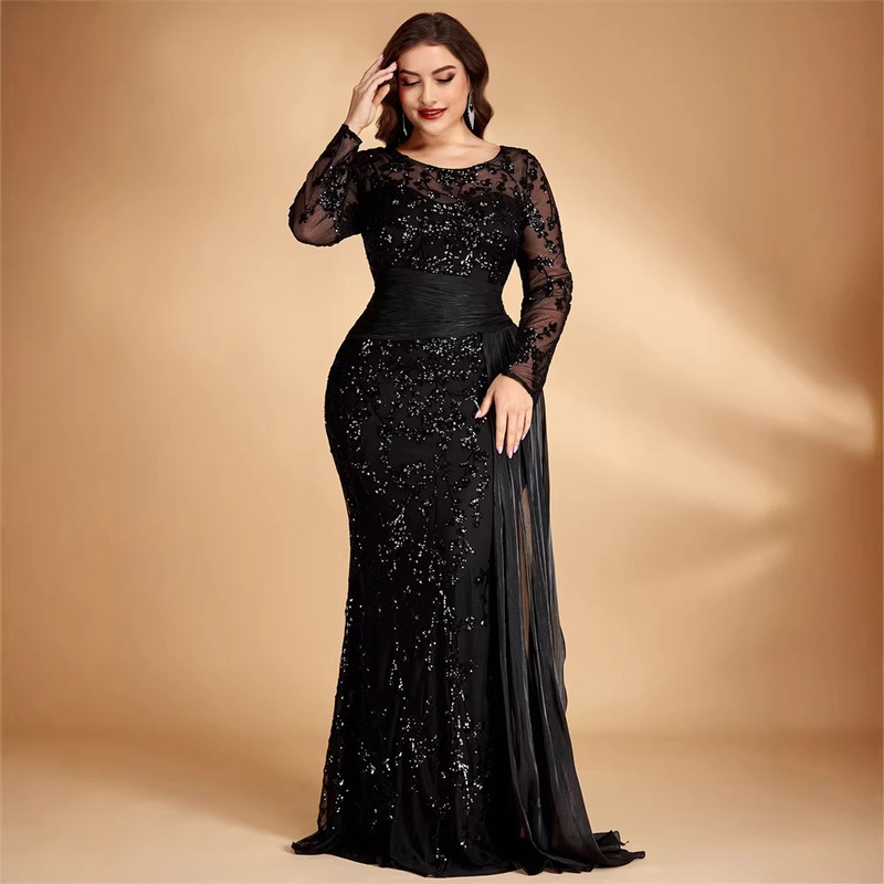 European and American Style Plus-Size Elegant Sequin Patchwork Fitted Round-Neck Long-Sleeve Cocktail Evening Dress Party Gown for Moms European and American Style Plus-Size Elegant Sequin Patchwork Fitted Round-Neck Long-Sleeve Cocktail Evening Dress Party Gown for Moms