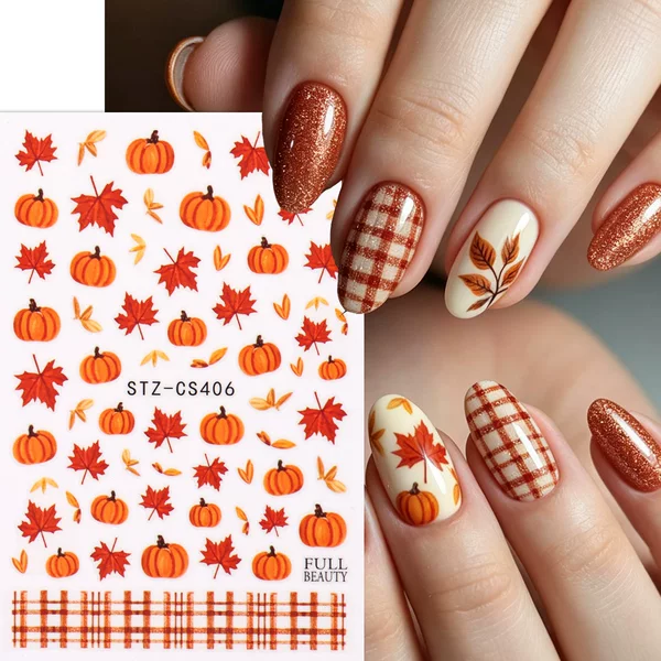 New cross-border nail art stickers ins autumn Thanksgiving vintage caramel plaid pattern adhesive nail stickers wholesale