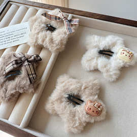 卡通kt猫毛绒五角星星格子蝴蝶结发夹发饰少女BB夹甜美秋冬2元店