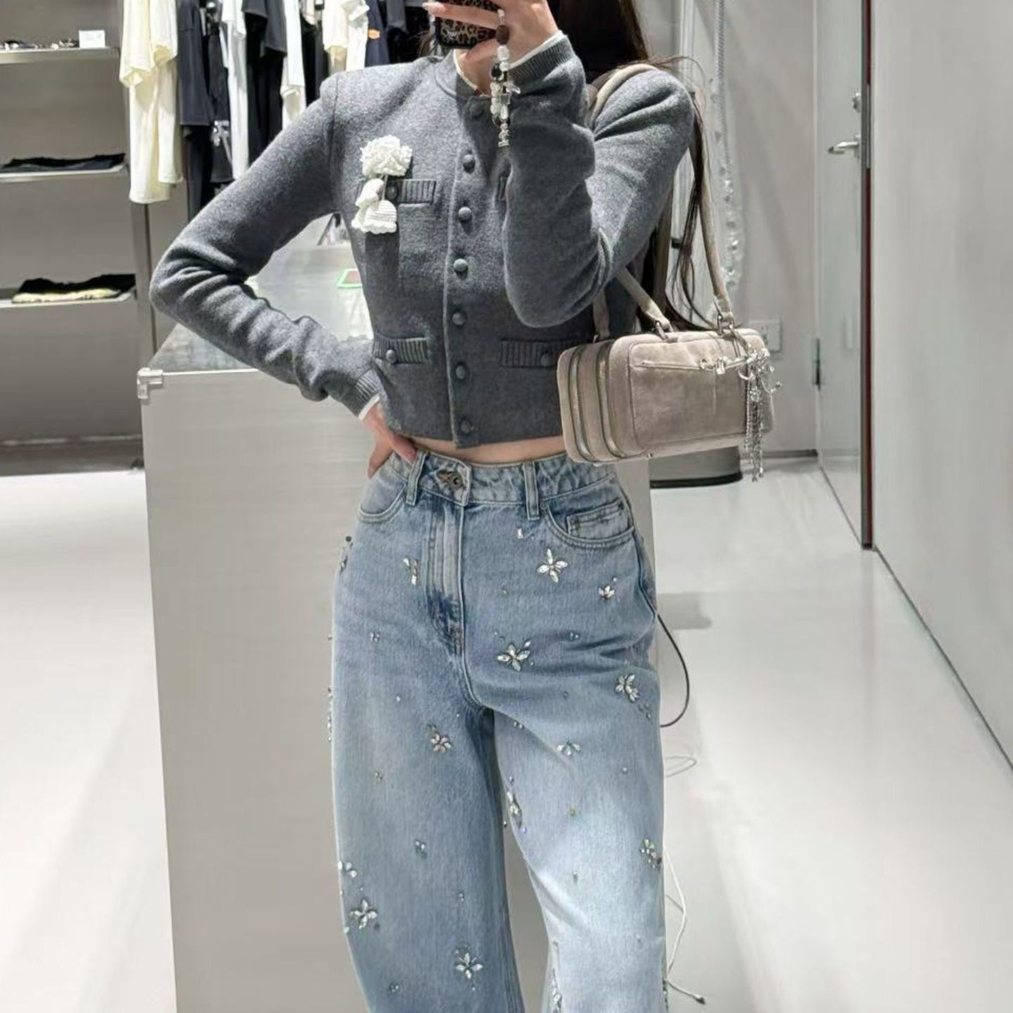 SP家优雅气质高端女装2025春秋季修身显瘦立体花朵针织开衫上衣女